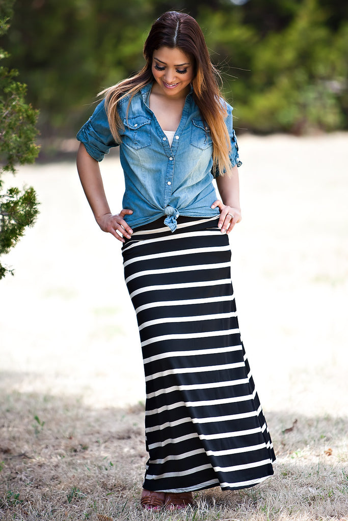 Line Upon Line Striped Skirt-Black Taupe
