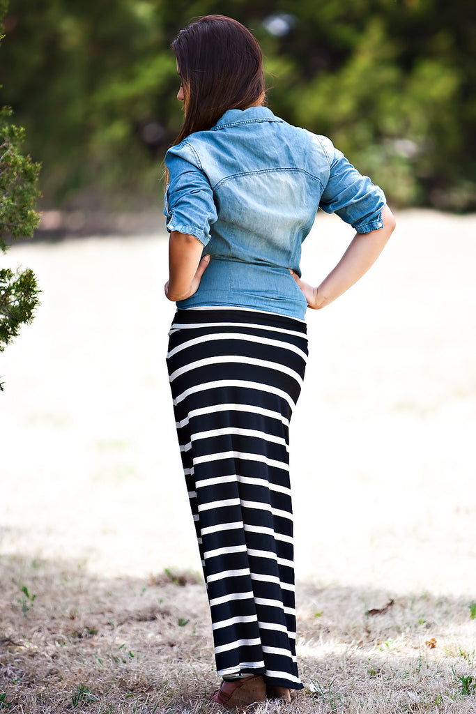 Line Upon Line Striped Skirt-Black Taupe