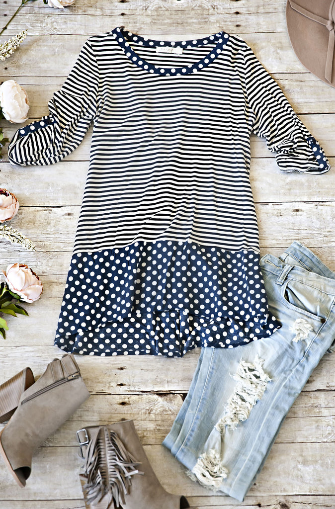 Stripes And Polka Dots Top-Navy