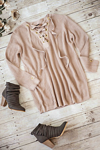 Lace-Up Sweater-Taupe