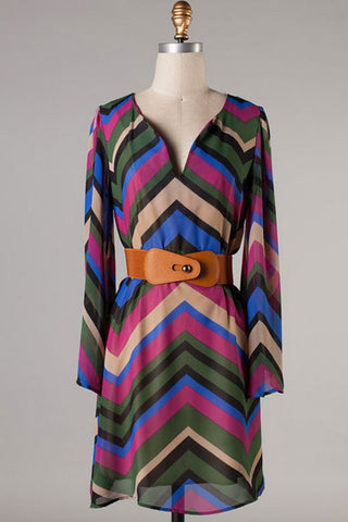 It's Time To Mingle Belted Dress- Green Multi-color