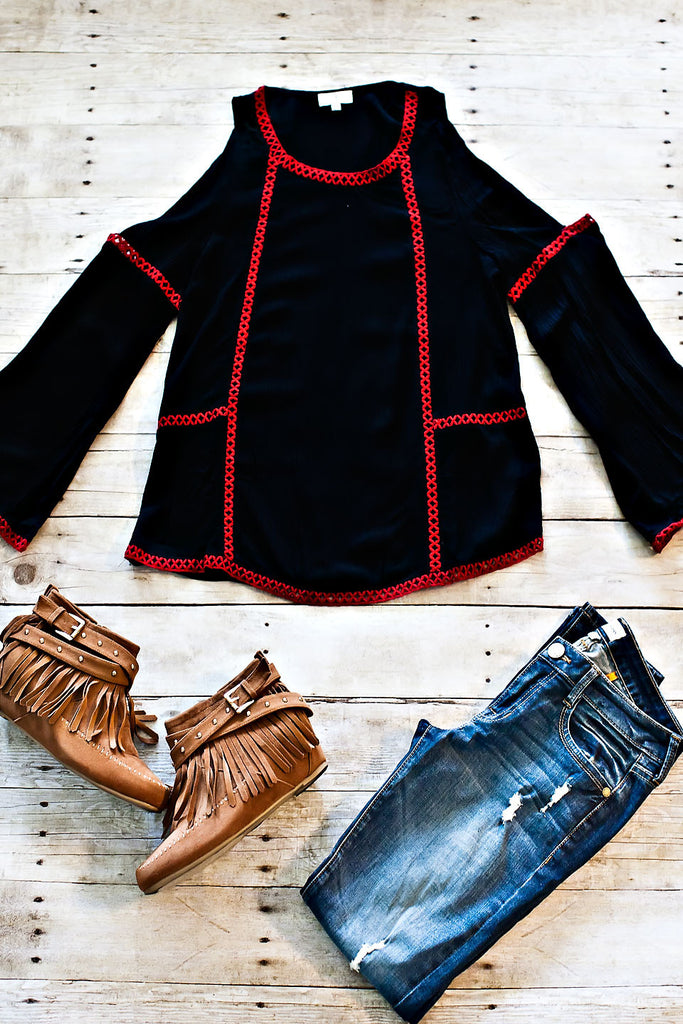 Touch Down Open Shoulder Top-Black