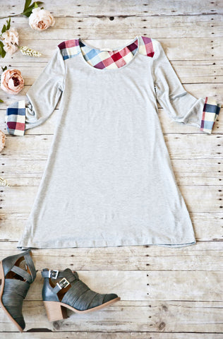 Touch Of Plaid Dress-Heather Grey