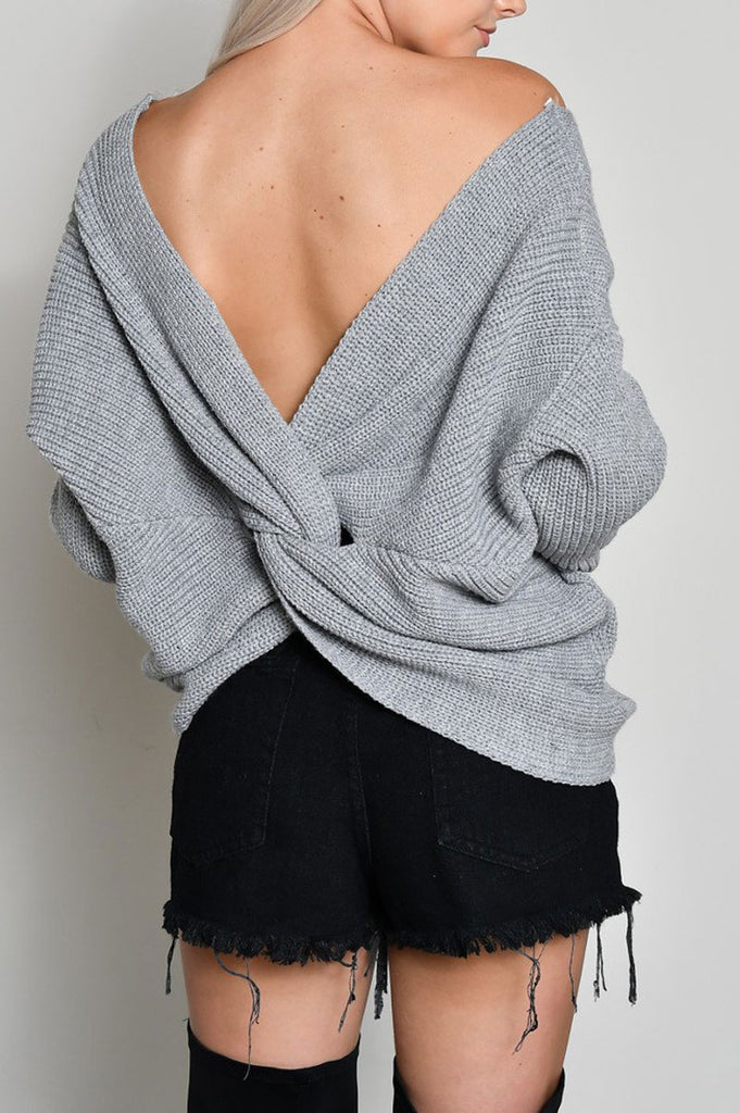 Slouchy Open Back Sweater-Heather Grey