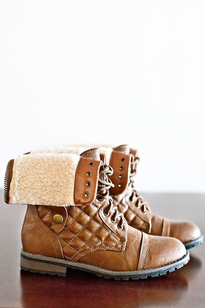Unwind Quilted Lace Up Boots-Camel