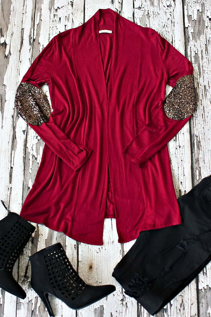 Sequin Elbow Patch Cardigan-Wine