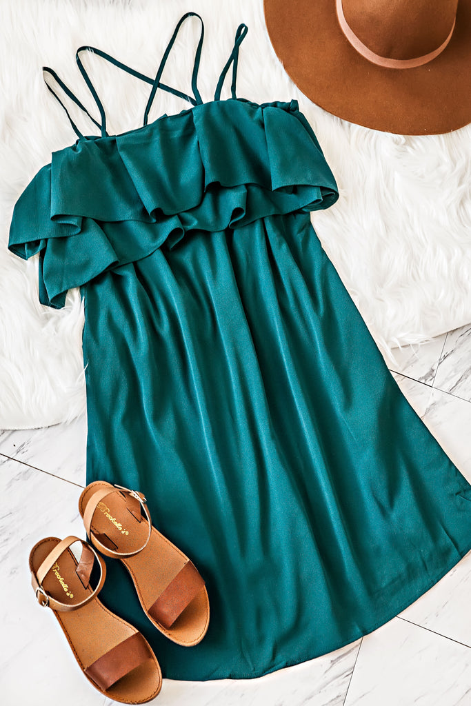 RUFFLED OFF THE SHOULDER DRESS-SEA GREEN