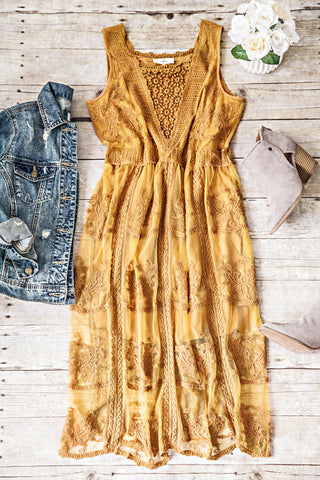 Golden Light Crochet Embroidered Dress-Mustard