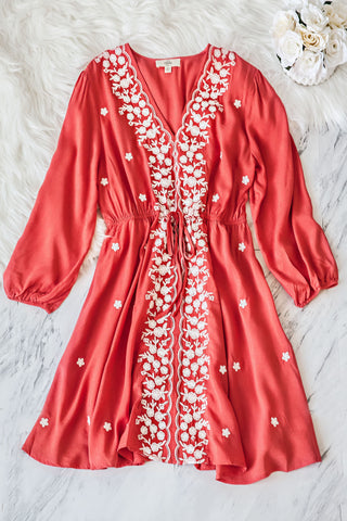 V-Neck Dress With Floral Embroidery