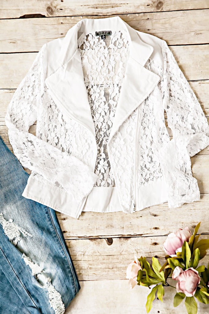 Lace Zip Up Blazer-White