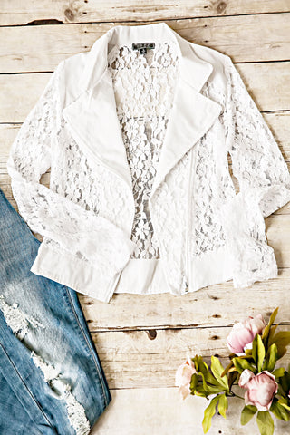 Lace Zip Up Blazer-White