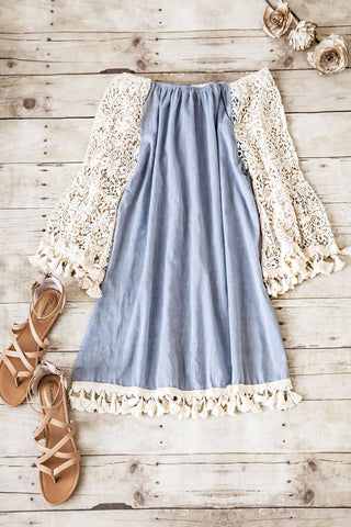 MARBELLA OFF THE SHOULDER CROCHET SLEEVES DRESS-BLUE