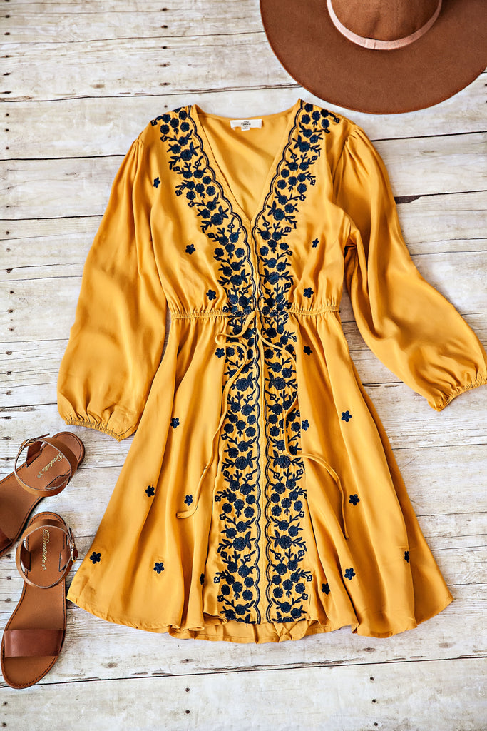Day Glow Embroidered Dress-Mustard