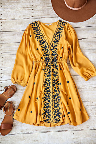 Day Glow Embroidered Dress-Mustard