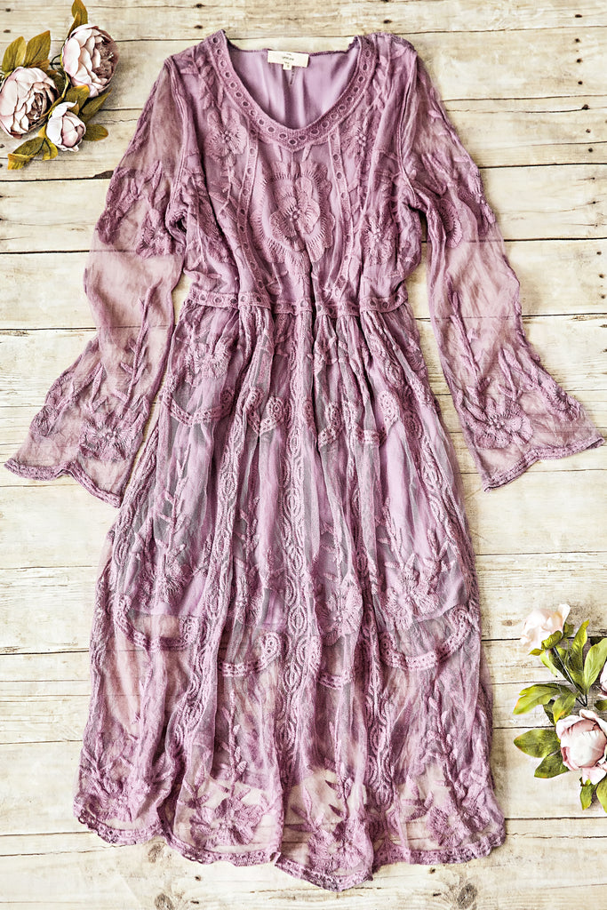 EMBROIDERED MESH DRESS-LAVENDER