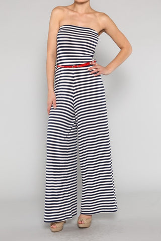 Blue And White Striped Belted Jumpsuit