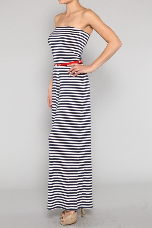 Blue And White Striped Belted Jumpsuit
