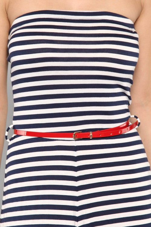 Blue And White Striped Belted Jumpsuit