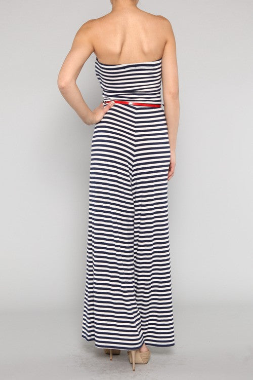 Blue And White Striped Belted Jumpsuit
